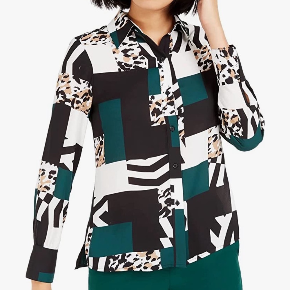 Bar III Green Animal and Geometric Print Button-Up Blouse